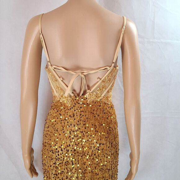 New Prom Special Occasion (0) Gold Velvet Embroidered & Sequin Corset Maxi Dress - Picture 7 of 10